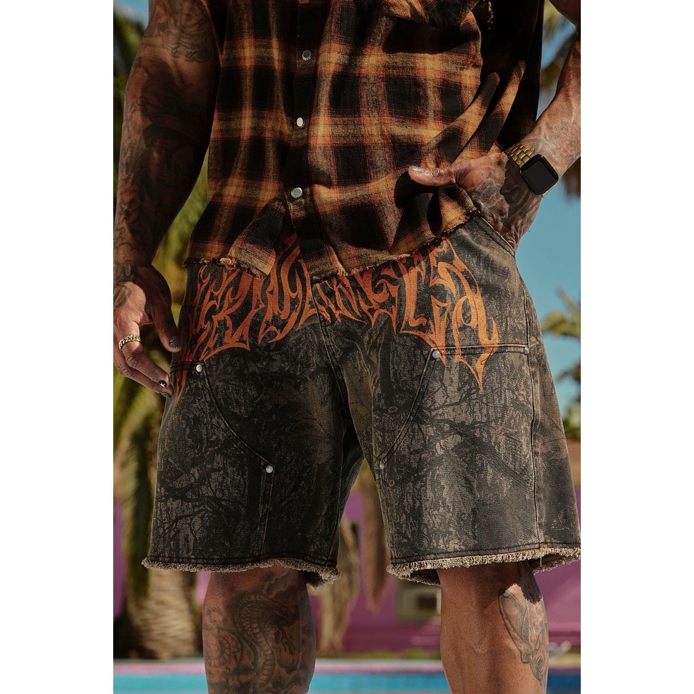 Dark Tree Camo Denim Shorts Jorts Size Medium Gangsta Hunting Cutoff Distressed